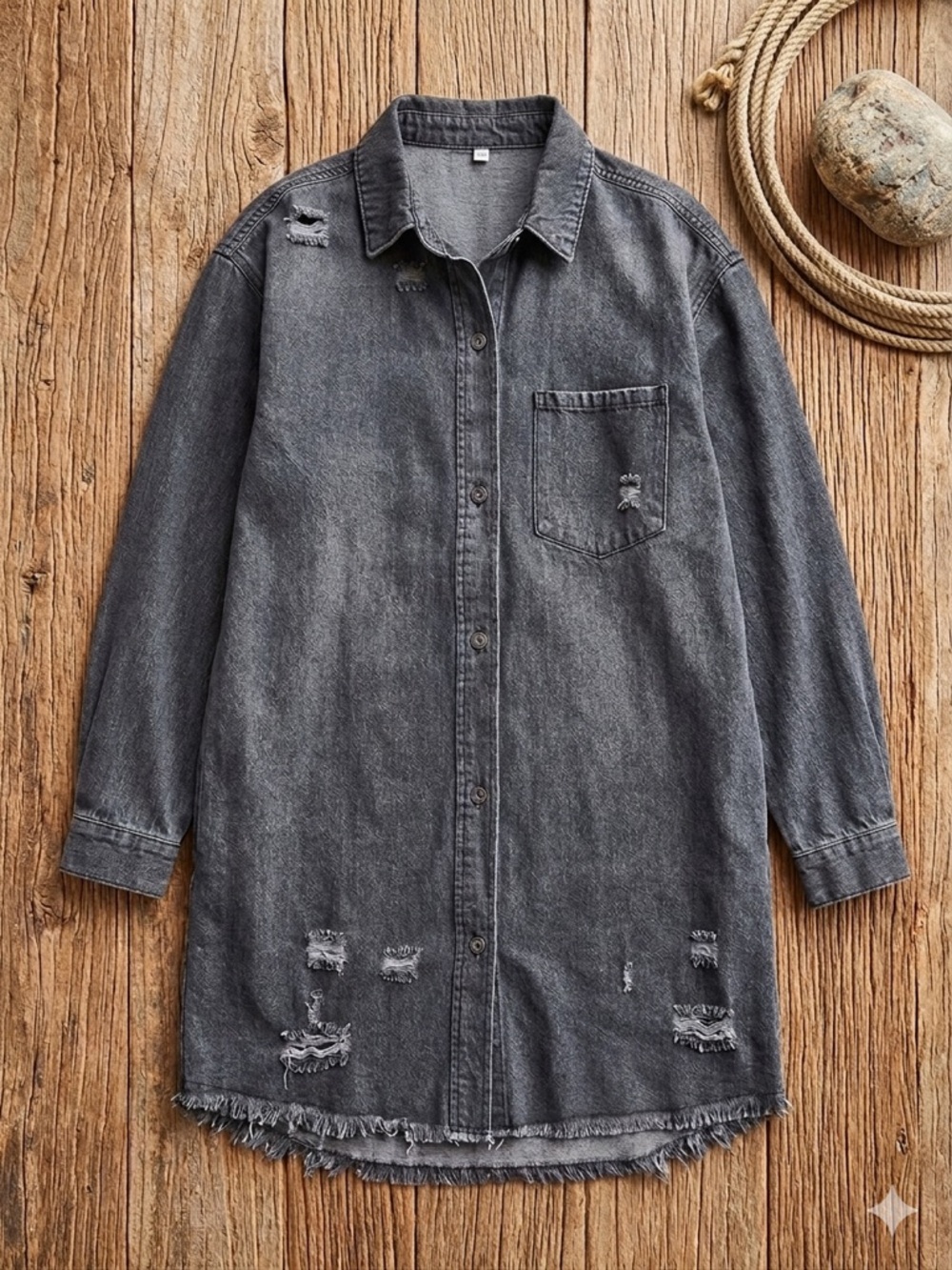 Distressed Longline Button-Up Shirt Dress - Charcoal Gray